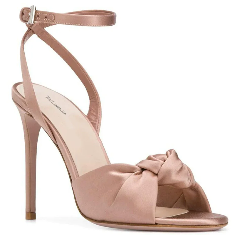 Summer new round toe fish mouth suede satin bow thin heel sandals banquet large size customized high-heeled women's shoes