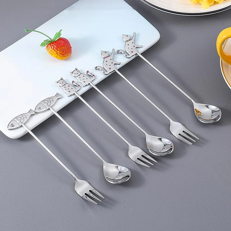 Creative Stainless Steel Coffee Stirring Spoon Cartoon Cat Fish Hanging Cup Teaspoon Fruit Dessert Fork Milk Ice Cream Tableware