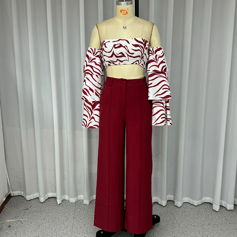 Wefads Autumn 2 Piece Set Women Fashion Printed Off Shoulder Strapless Flare Long Sleeve Top Loose Straight Pants Sets No Belt