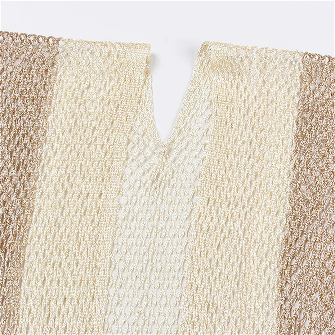 Sexy Tunika mit Gürtel, Fransen und Quasten, gehäkelt, gestrickt, Strandkleid, Strandmode, Damen V4649 – Detail 9