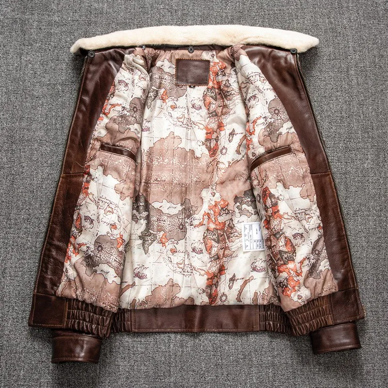 Camada superior de cera de óleo couro bison para homens lapela plus size com casaco de algodão