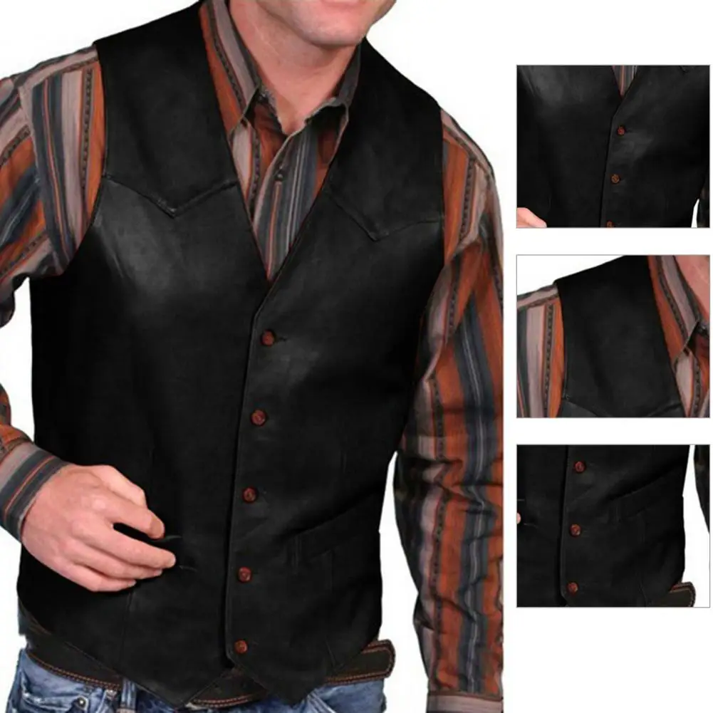 Chaleco de cuero con cuello en V para hombre, chaleco occidental sin mangas de una sola botonadura, chaqueta de cuero para motociclista, chaleco