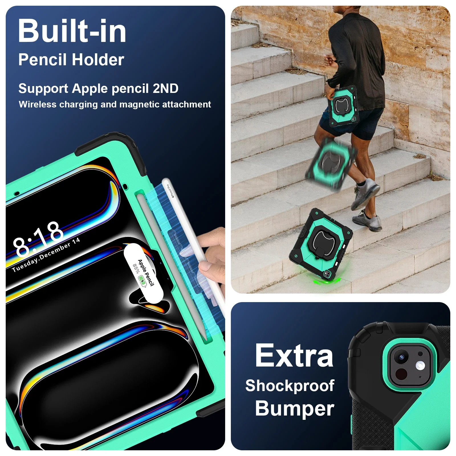 Handle Grip CaseสําหรับIPad Pro/iPad Air 13 นิ้ว 2024 Dutyกันกระแทกเด็กแท็บเล็ตสายคล้องมือ 360 ° ขาตั้งแฮนด์พร้อมถาดใส่ปากกา