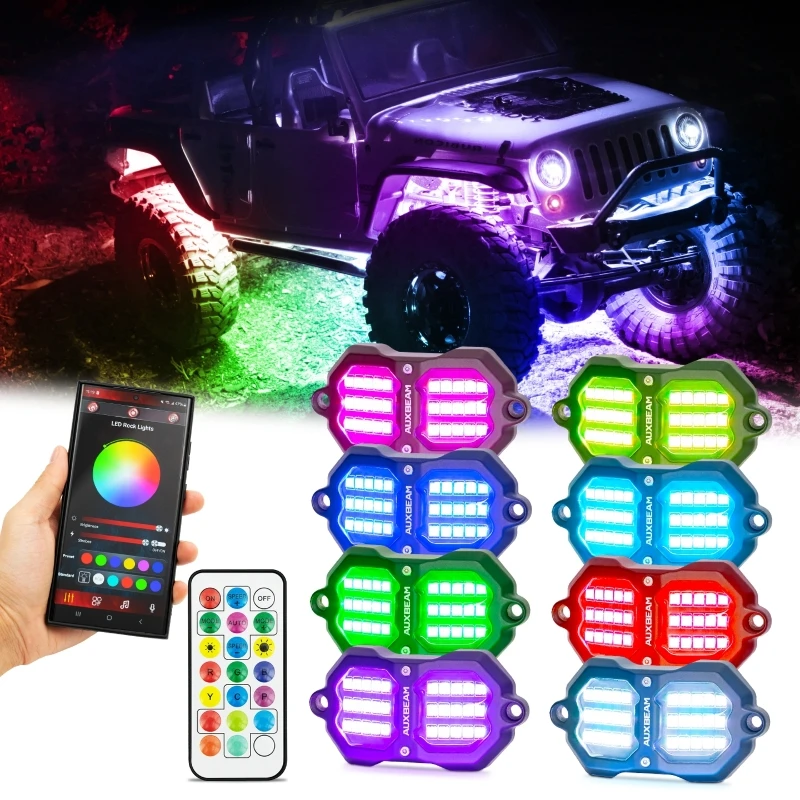 

4/6/8/10 Pods Universal Car Underbody LED Atmosphere Neon Light RGB LED Rock Lights Bluetooth App Remotr Control (Samll Style）