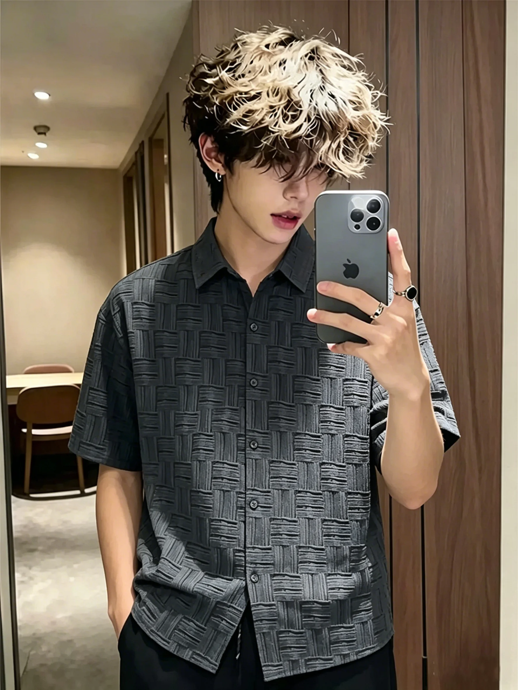 

American Dyed Plaid Ice Silk Short Sleeve Men's Shirt Summer Cool Feeling Breathable Five Sleeve Casual Style Standard Fit