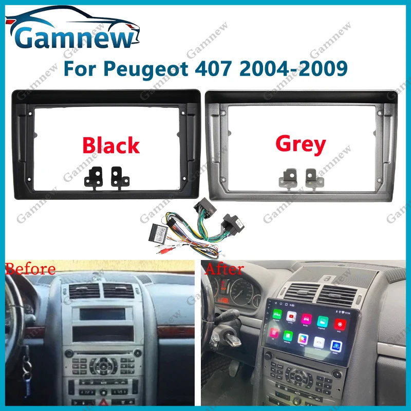 Adaptateur de Fascia de cadre de voiture, kit de panneau de montage de tableau de bord, décodeur de boîte Canbus, radio Android, KIT 407, 2004-2009, 9 pouces