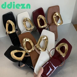 Red Women Slippers Outside Metal Square Toe Flats 2025 Ladies Flip Flops New In Summer Casual Slides Beach Elegan Female Shoes