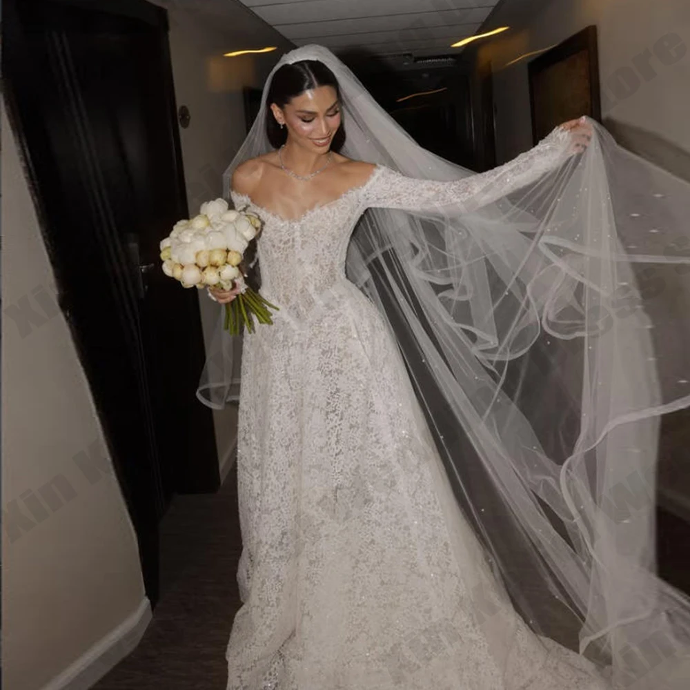Glitter Lace Princess Wedding Dress A-line Off Shoulder Sleeveless Princess Bridal Gown Customized Bride Dress Vestidos Robe