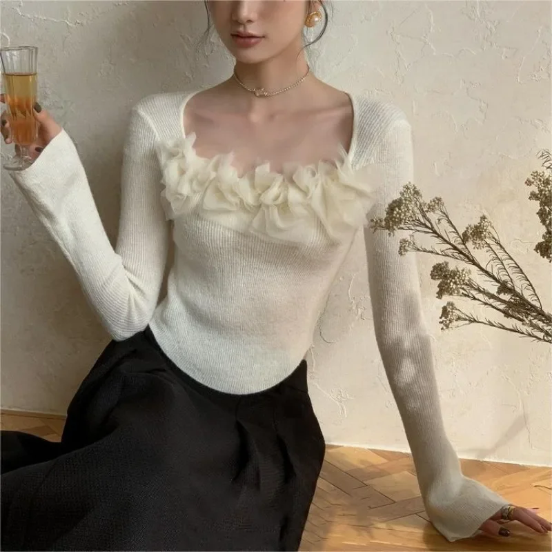 OCEANLOVE Y2k Autumn Winter Clothes Women Sweaters Flowers Solid Square Neck Retro Pullovers Korean Fashion Elegant Pull Femme