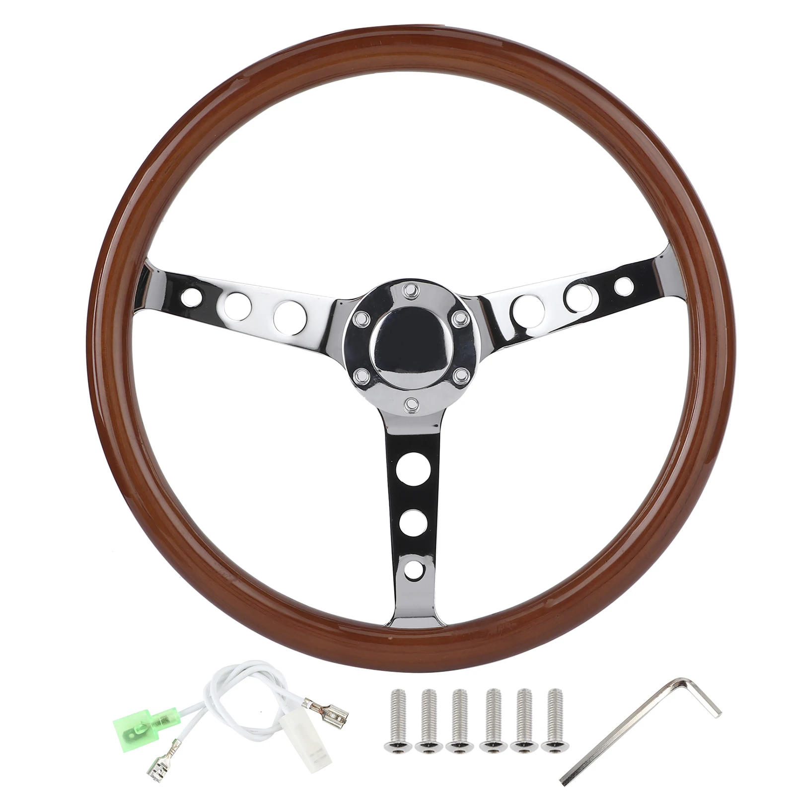 

15in 6-Hole Wood Steering Wheel Retro Mahogany Wood Grip Stainless Steel Spoke with Horn Cover Cable 6‑Hole Steering Wheel
