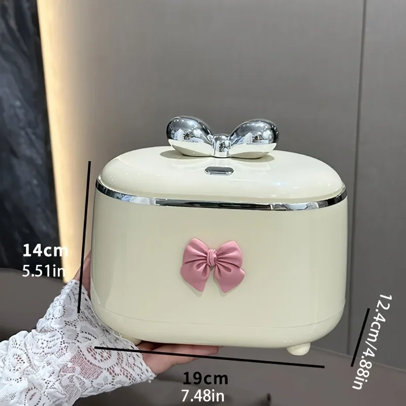 Cute Bow Cream Desktop Trash Can with Lid Kawaii Decorative Storage Bin Mini Trash Can for Dressing Tables Entrances and Desks