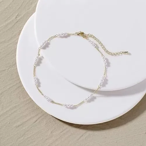 Women's 14K Gold Plated Tiny Pearl Beads Layered Anklet