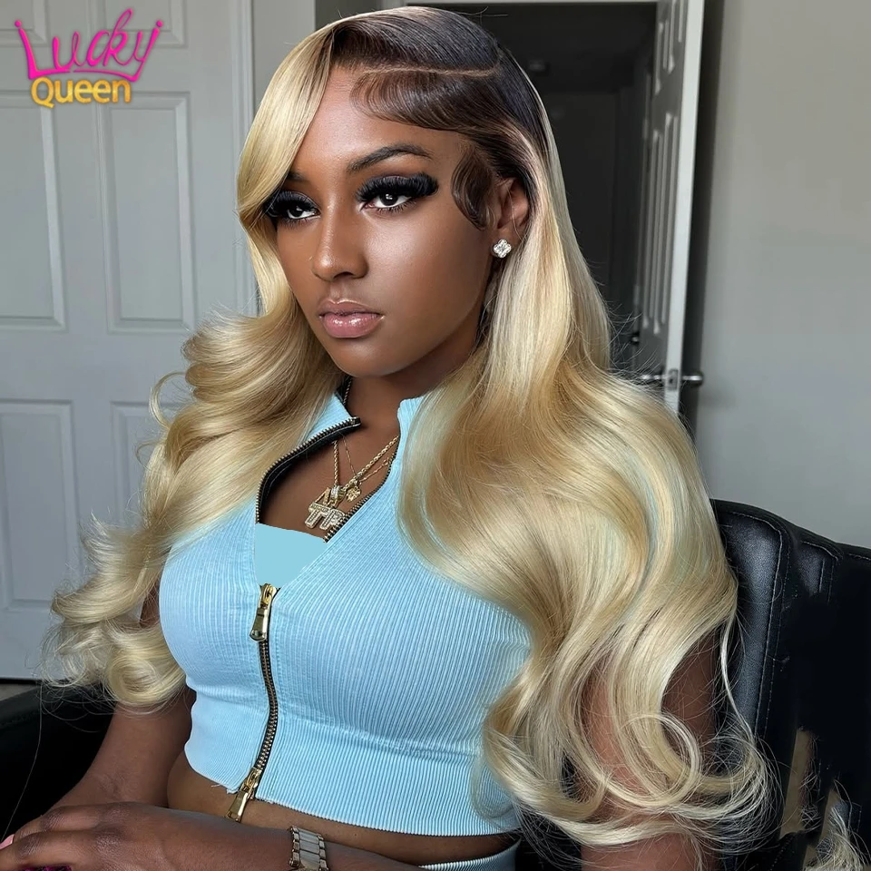 

Ombre Blonde 613 Colorful Wigs Brown Root 180Density Human Hair Body Wave 13X6 Brazilian Lace Front Transparent Lace For Women
