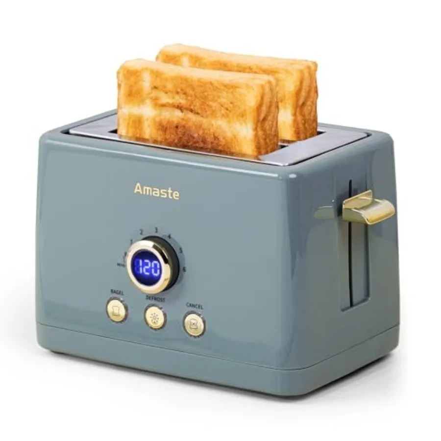 

2 Slice Toaster Retro Bread Toaster with LED Digital Countdown Timer Extra Wide Slots 6 Shade Settings Bagel Defrost Function H
