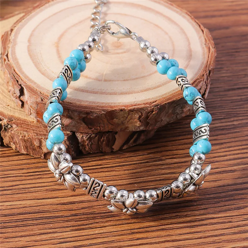 Aihua Tibetan Silber Natur Türkis Stein Perlen Armband & Armreif für Frauen Böhmen ethnische Aussage Schmuck Zubehör – Detail 1