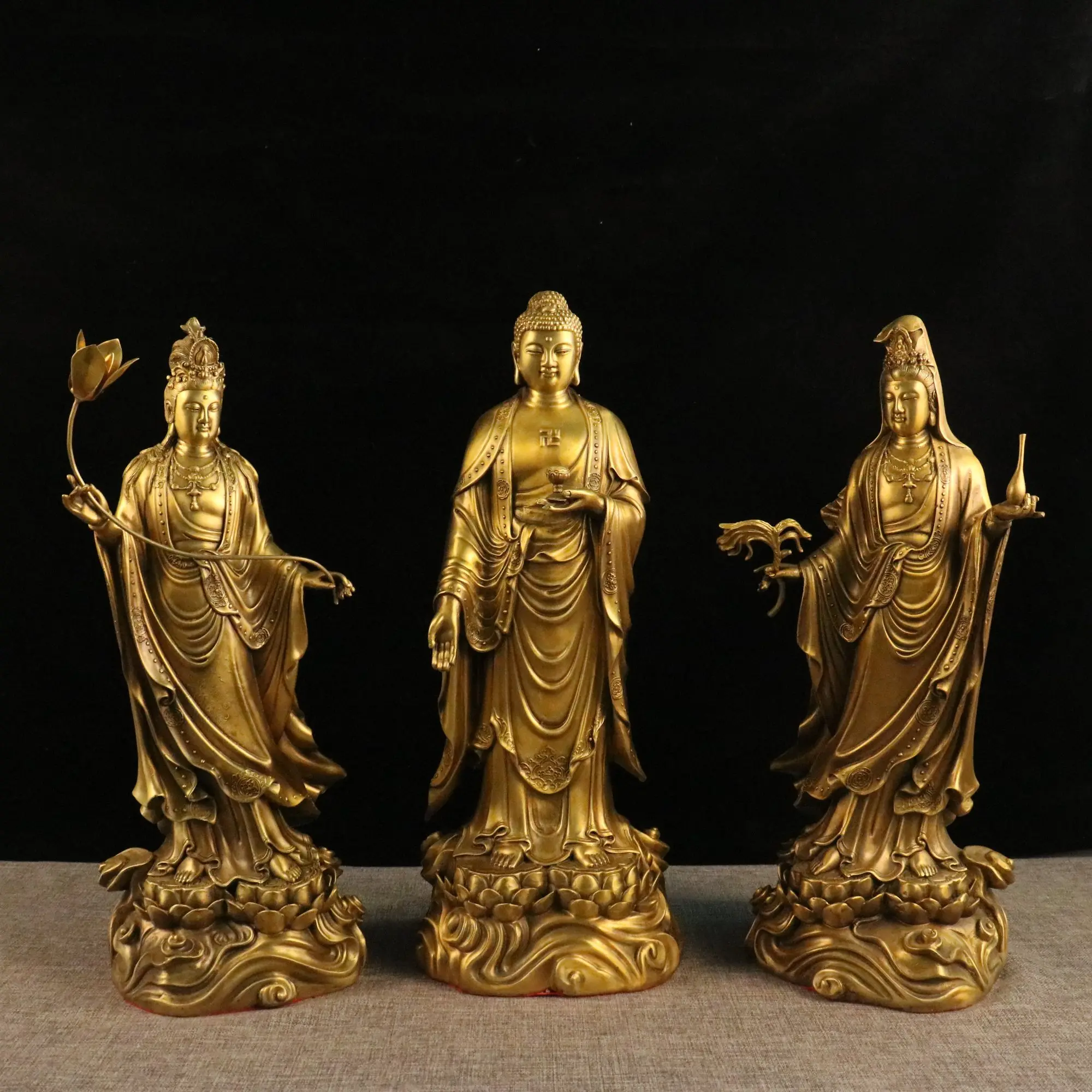 

19"Tibetan Temple Collection Old Brass Three Sages Shakyamuni Guanyin Station Buddha Lotus Terrace Worship Hall Town house