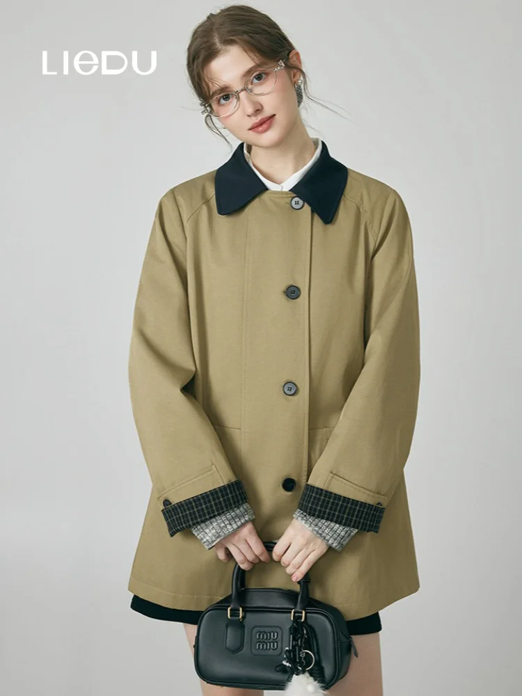 LIEDU Korean Vintage Barn Style Plus Size Trench Coat Women Contrast Collar Plaid Cuff Anti-Wrinkle Slim Fit Casual Daily Coat