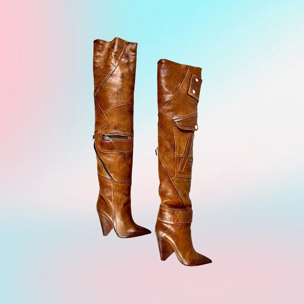 

Brown Zipper Decor Over the Knee Boots Pointy Cone type High Heel Retro Style Party Sexy Women Shoes 2025 Spring Para Mujere