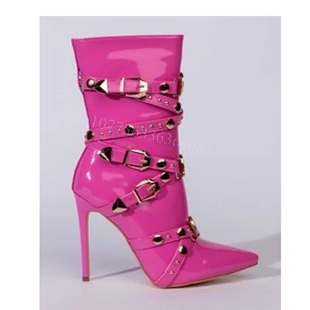 

Розовые сапоги до середины икры с декоративной пряжкой, из лакированной кожи, с острым носком, на тонком высоком каблуке, модная обувь для женщин, 2025, Zapatos Para Mujere