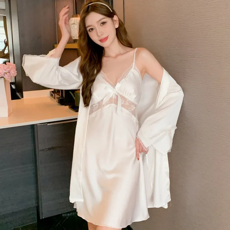 

MECHCITIZ 2023 Silk Sleepwear Women Sexy Robe Dress Set 2 Pieces Nightie Robes Lace Nightgown Pajamas Satin Bathrobe Home Suit