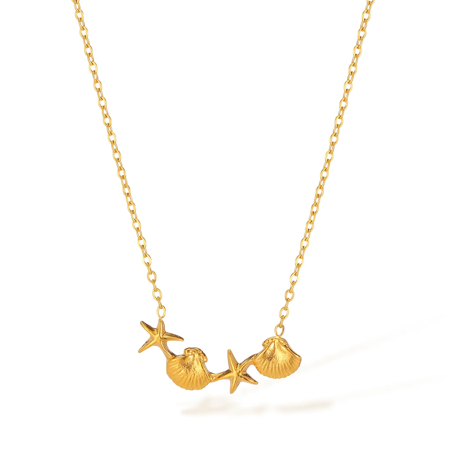 

Ocean Starfish & Shell Pendant Necklace – Gold-Plated Stainless Steel Clavicle Chain for Women