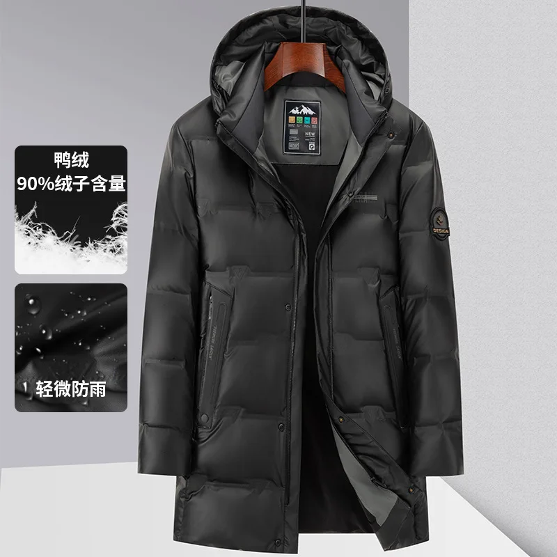 New down jacket men's medium and long hooded down jacket cold-proof and warm PU leather waterproof down jacket