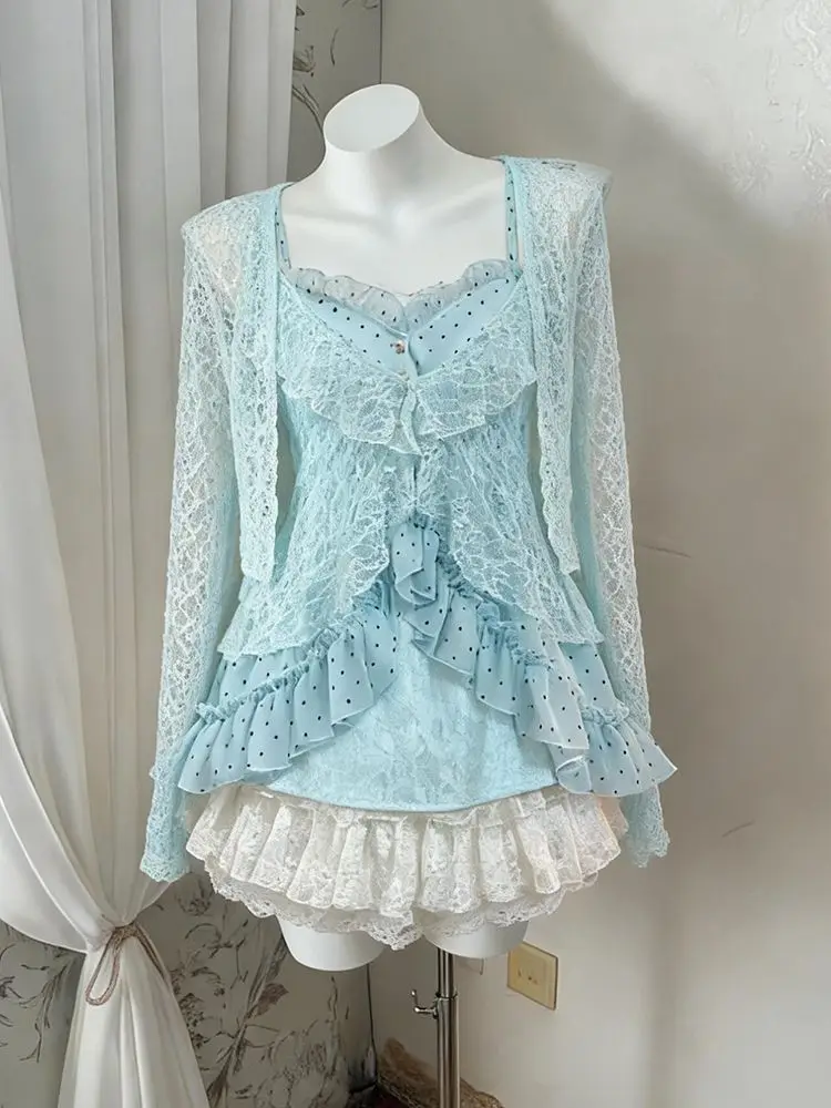 Japanese Lolita Sweet 3 Piece Set Women 2000s Retro Mini Skirt Vintage Lace Sleeveless Vest Casual Short Cardigan Fashion Suit