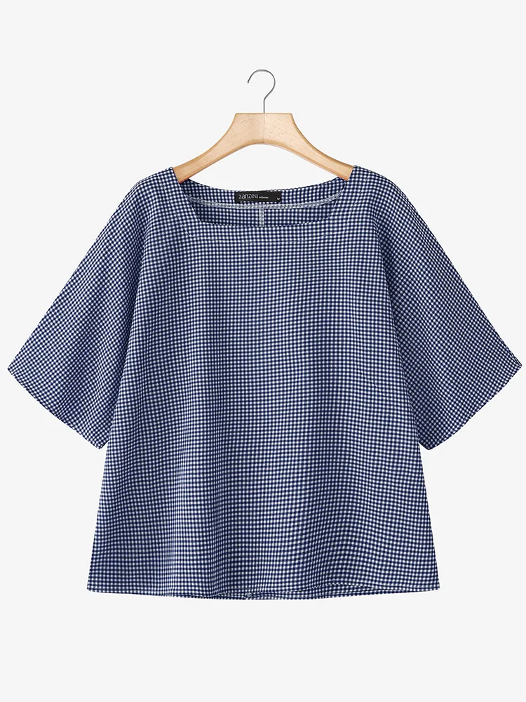 เสื้อผู้หญิง ZANZEA ฤดูร้อน 2025 ลายสก็อต คอเหลี่ยม แขนสั้น สไตล์ลำลอง เหมาะสำหรับทำงาน ทรงโอเวอร์ไซส์
