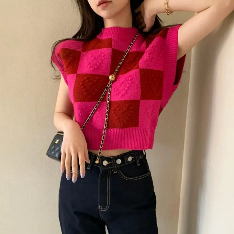 

Knitwears Vest Contrasting Colors Love Crew Neck Sweater Spring Summer New Outerwear Tops Sleeveless Women Korean