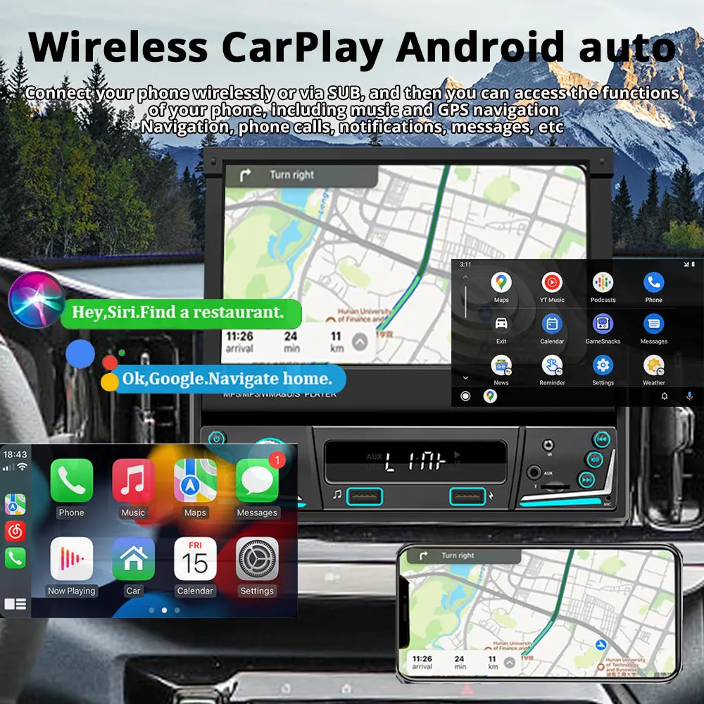 Radio para coche, reproductor de Radio con pantalla HD retráctil eléctrica de 7 pulgadas para coche, reproductor Multimedia MP5 de 1Din, Carplay inalámbrico, Android Auto