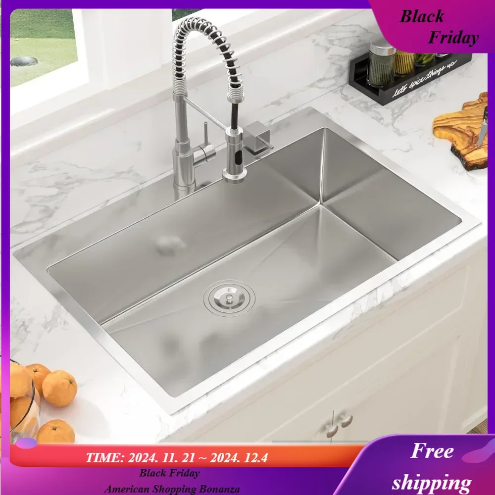 33 Kitchen Sink Drop In - Sarlai 33 x 22Inch Kitchen Sink Topmount 16 Gauge Stainless Steel Deep Single Bowl Above Counter Basin