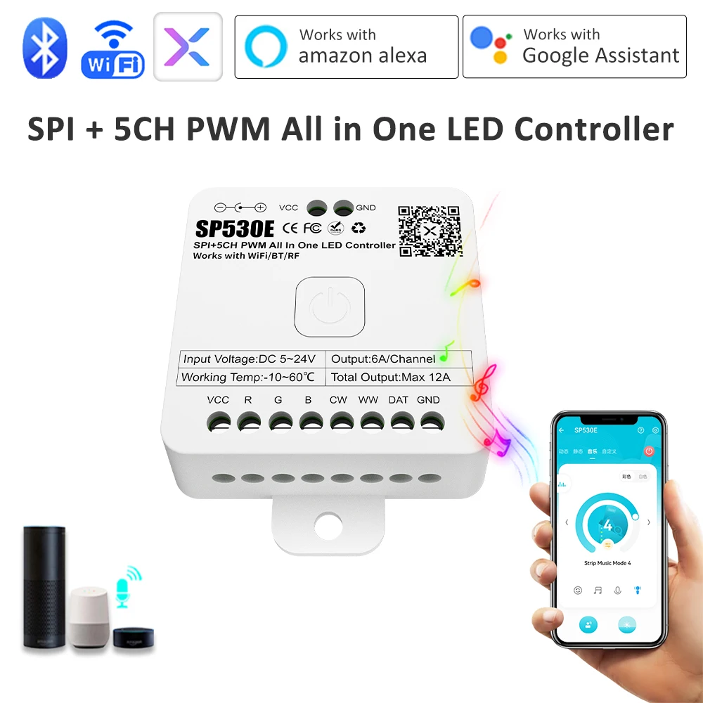 

SP530E All In One LED Controller 12V 24V 5V Wifi Alexa Google Home BT 5CH PWM SPI Pixel WS2811 WS2812B SK6812 Strip Controler