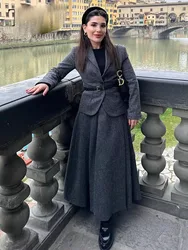 2023 Autumn Women Fashion Suits Trend Solid V Neck Textured Slim Blazer + With Pleats Commute Office Lady Female Skirt