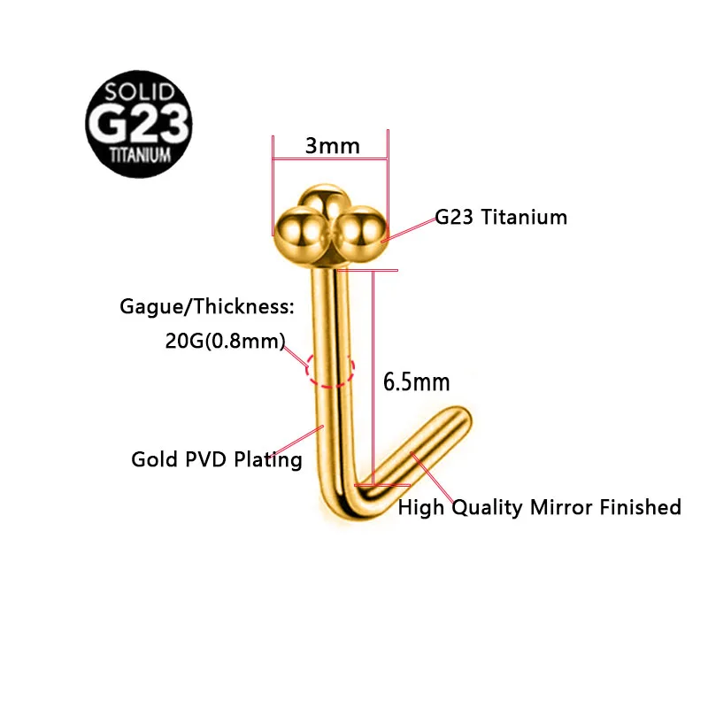 ASTM F136 G23 Titanium  L-Shape Three-Balls Nose Piercing Crystal Nostril Stud Ball Body Jewelry 16G 18G 20G