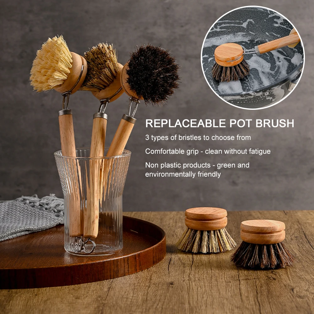 Replaceable Dish Brush Wooden Handle Stain Remove Pot Brush Portable Household Cleaning Scrub Brushes Kitchen Accessories