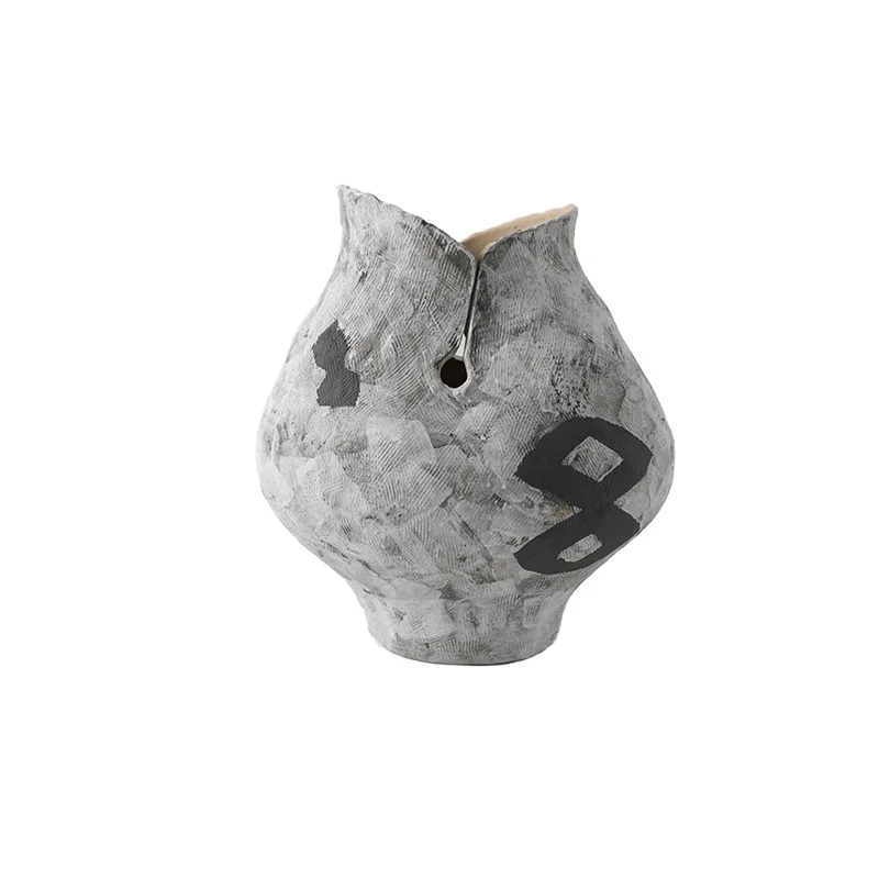 New Chinese-style home entrance Bogu frame ornament retro old ceramic hand-painted gradual change gray special-shaped vase
