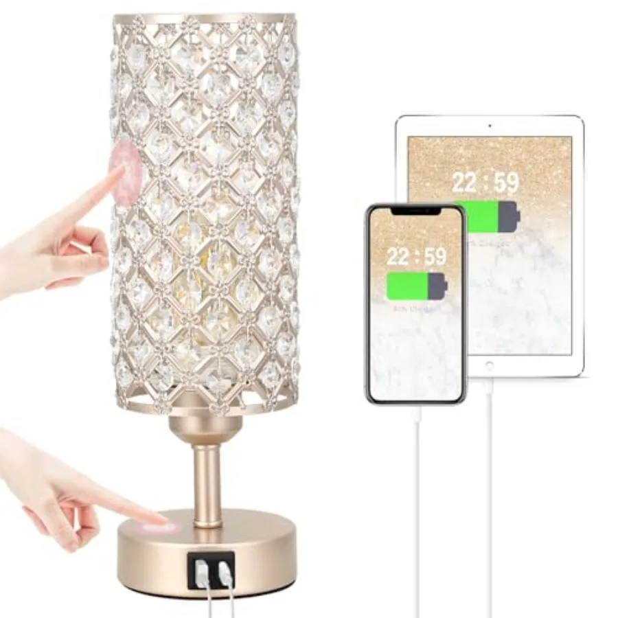 

Crystal Table Lamp with USB C+A Ports, 3 Way Dimmable Touch Lamp with Crystal Shade, Bedside Nightstand Small Lamp for Living R