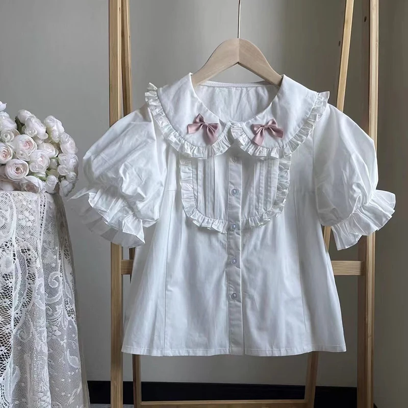 

White Kawaii Lolita Women Shirt Japanese Style Sweet Bow Ruffles Cotton Female Summer Preppy Style Puff Short Sleeve Cute Shirts