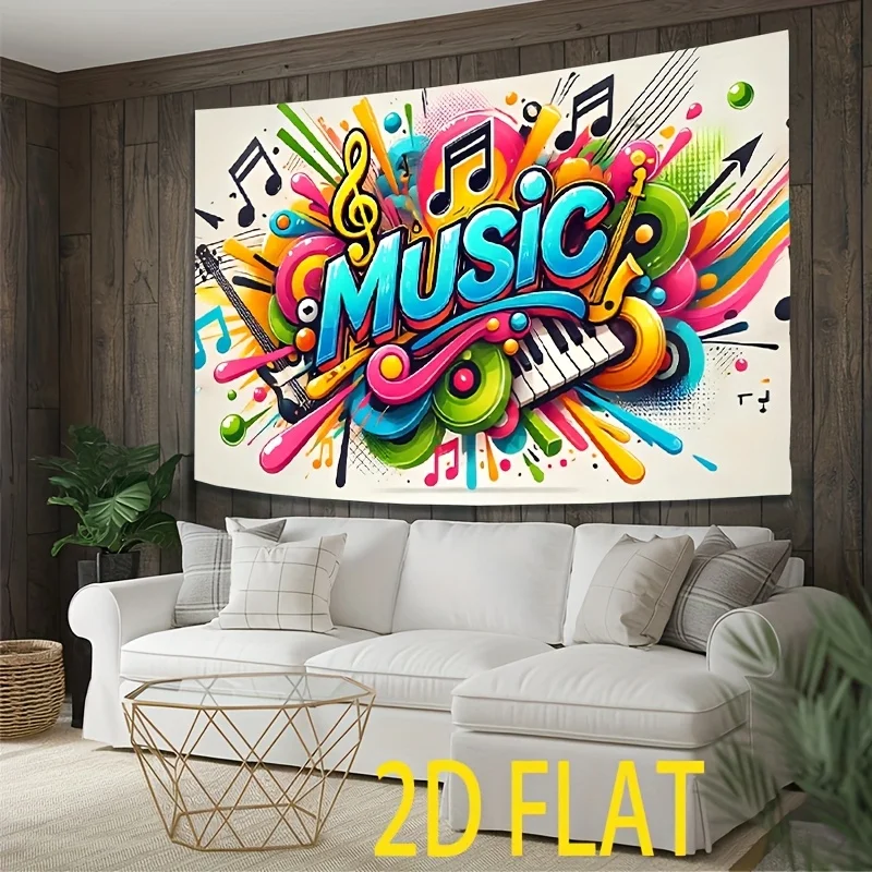 Music Graffiti Tapestry - Colorful Musical Notes and Instruments Wall Art, Pop Art Decor, Living Room Bedroom, Multiple Sizes