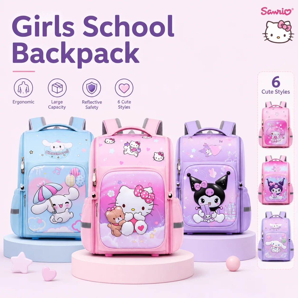 Sanrio Grade 1-6 Primary School Backpack Ergonomic Backpack Lightweight Back To School Girls Cute Multi-Layer Storage School Bag