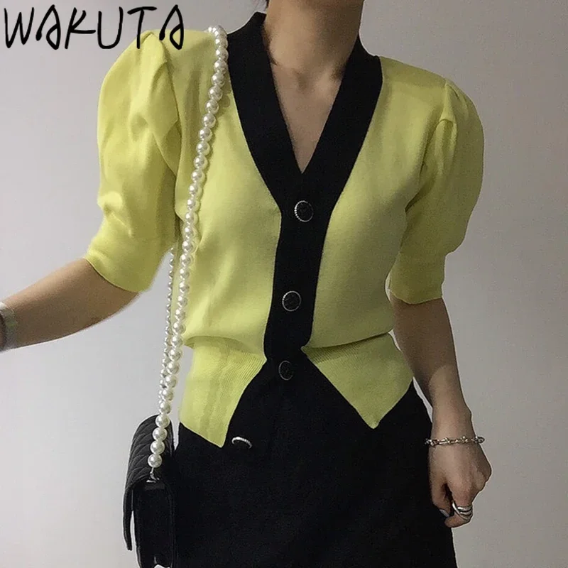 WAKUTA Summer Elegant Puff Short Sleeve Cardigan Women 2024 Korean Design Solid Single Breasted Chic Knitted Tops Ottfice Lady