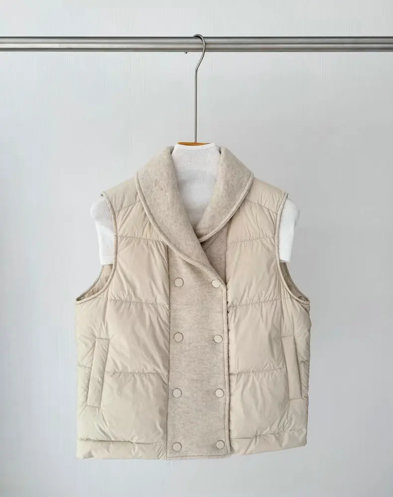 

Cashmere Patchwork Women Fashion Coat Double Breasted Notched Collar Sleeveless Casual Female Down Vest
