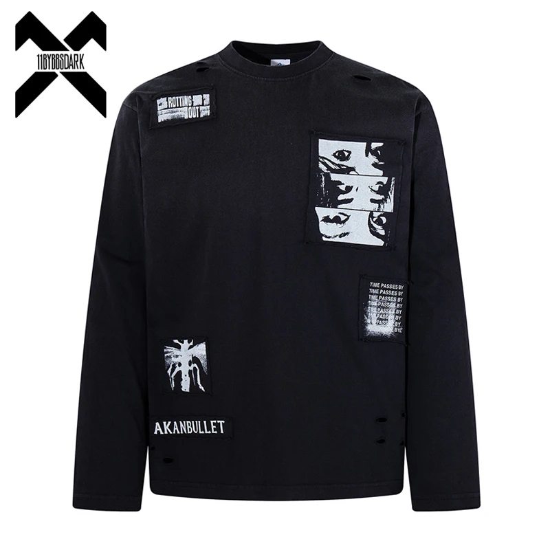 Men's Vintage Streetwear T Shirt Washed Distressed Ripped Long Sleeve T-Shirt Patchwork Loose Fit Tee Top