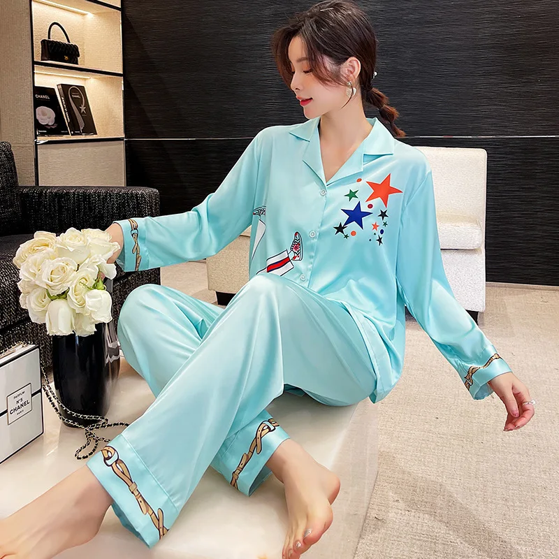 

Blue Pajamas Suit Nightgown Home Wear Pyjamas Women Loose Sleep Set 2PCS Nightwear Spring Bathrobe Gown Shirt&Pants Sleepwear