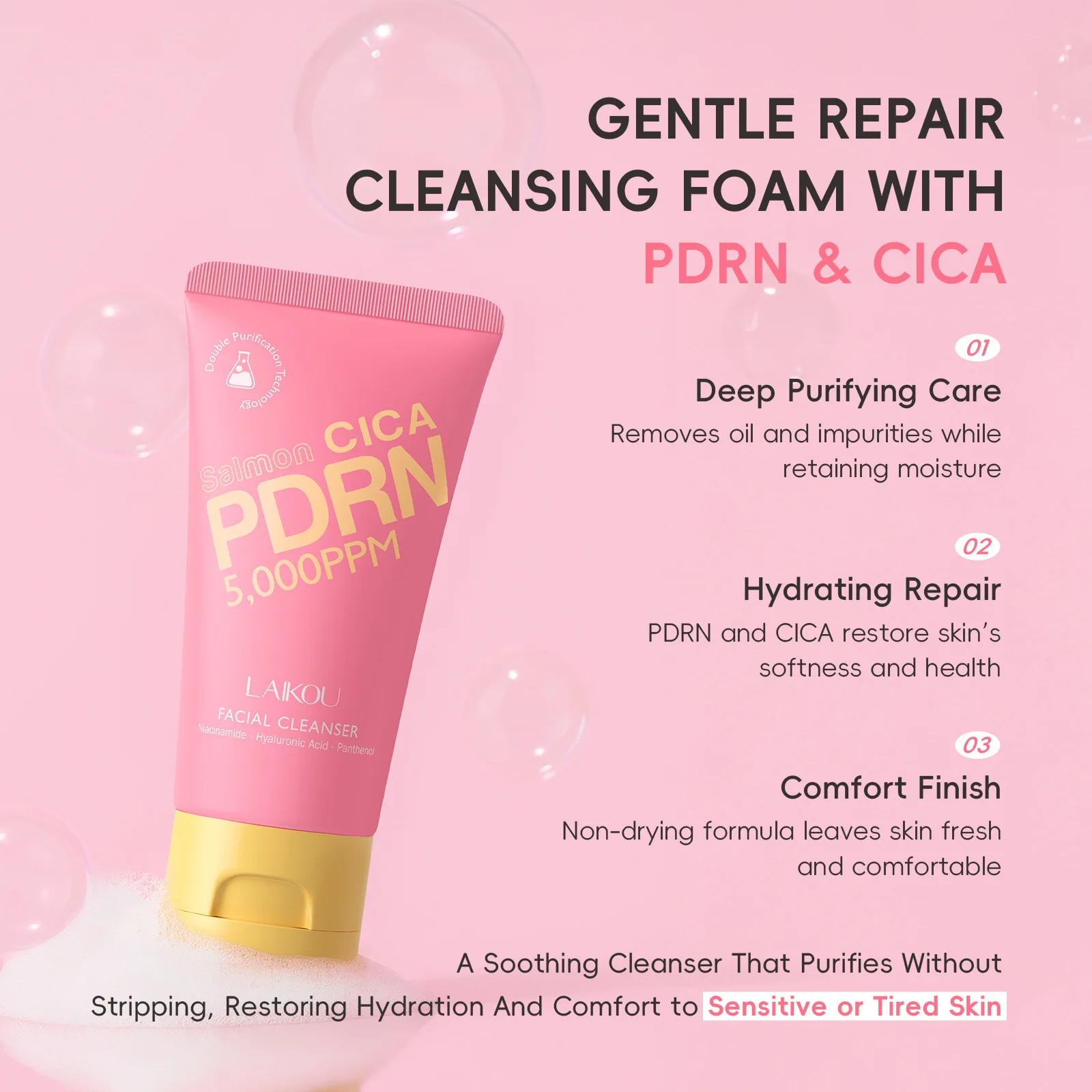

PDRN Face Wash with Centella Asiatica LAIKOU Acne Prone Skin Cleanser Soothing Foam For Oily Sensitive Skin Repair Redness Black