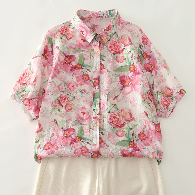 가벼운 플로럴 프린트 루즈핏 반팔 셔츠 여성용 턴다운 칼라 오픈 가디건 탑 패셔너블 캐주얼 블라우스