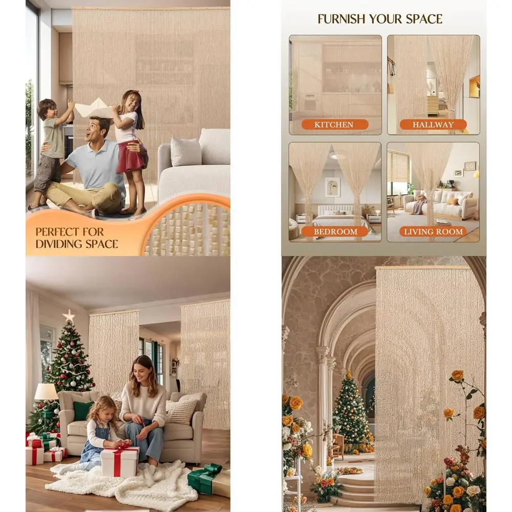 Natürlicher Boho-Perlenvorhang, 35,5 x 79, handgefertigte Bambus- und Holzperlen, Raumteiler und Insektenschutz, Beige