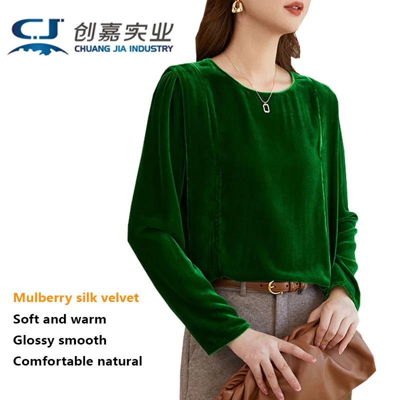 

Real Silk Velvet Lady Spring and Autumn Long-sleeved Crew Neck Top Retro Shirt Women's New Elegant and Generous Original Design