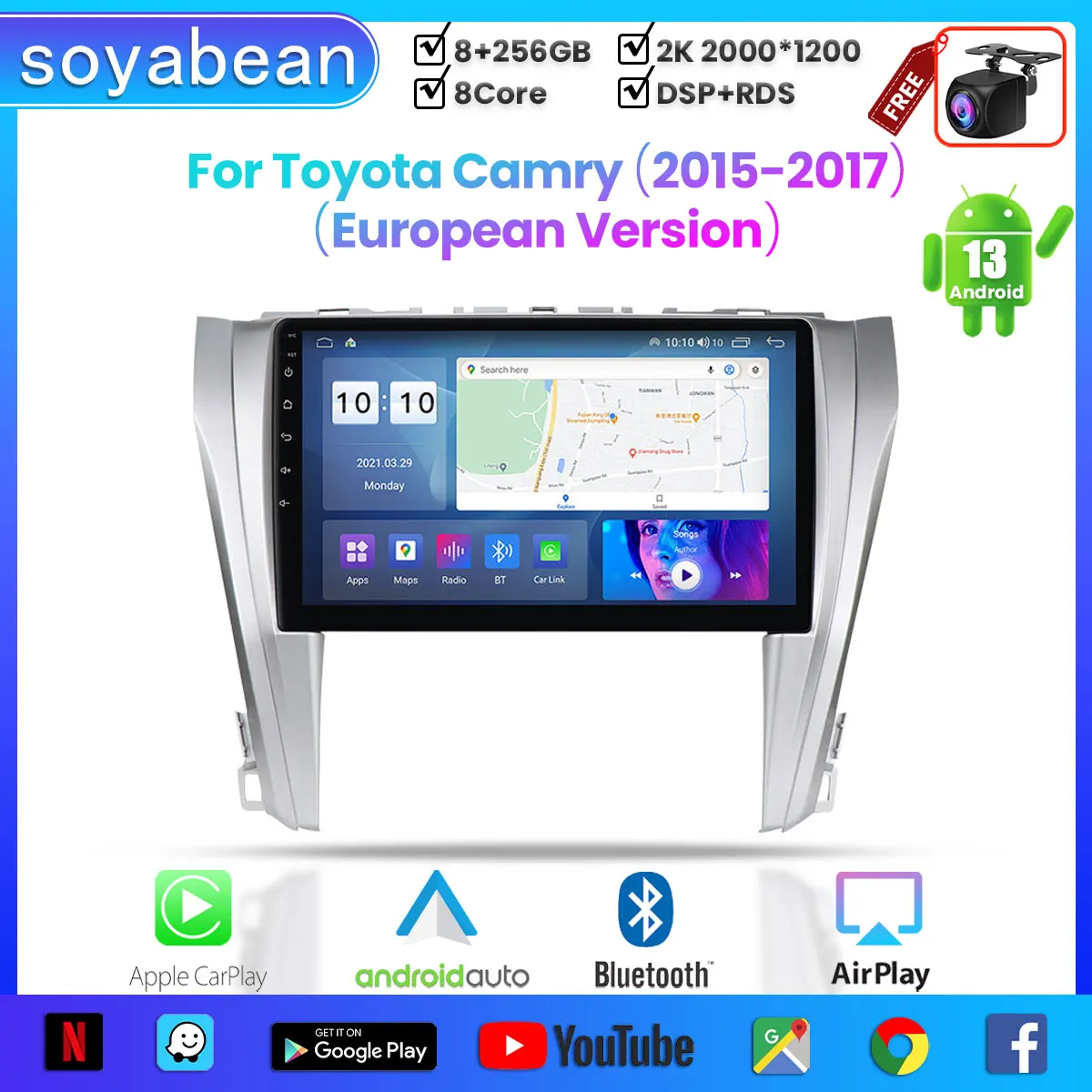 

Android 13 Car Radio for Toyota Camry 2015-2017, 10inch 2K Multimedia Player with 4G Carplay & 2Din GPS Navigation -European