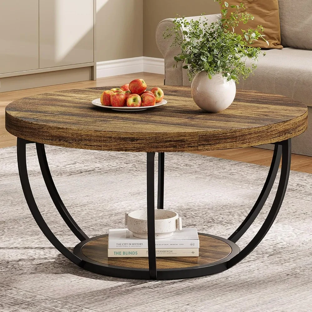 

Round Coffee Table, 31.7" Wooden 2-Tier Circle Coffee Table with Storage Shelves, Modern Accent Cocktail Table Center Table
